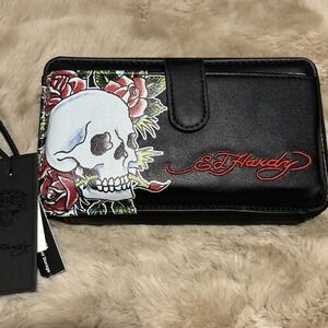 Ed Hardy Wristlet Wallet  Black Skull Roses Tattoo Motif Grunge Y2K Goth Rocker